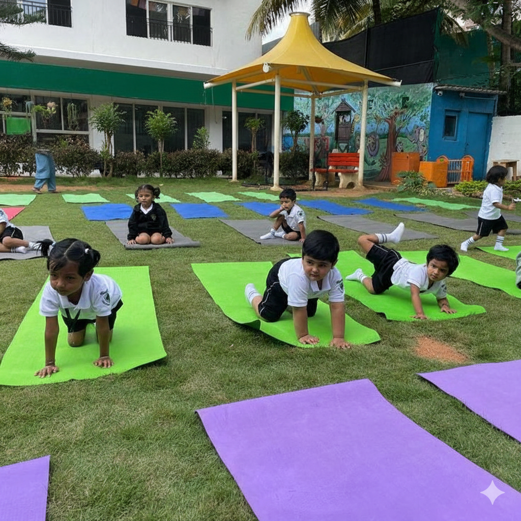 Students practicing yoga outdoors on colorful mats